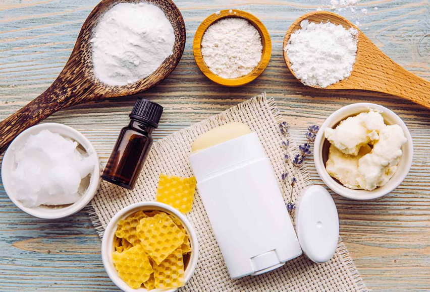 A deodorant stick, a little bottle of oil, and natural ingredients.